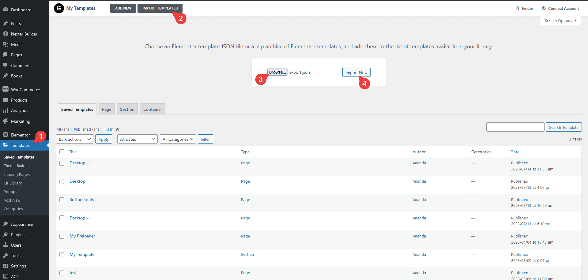 import elementor template