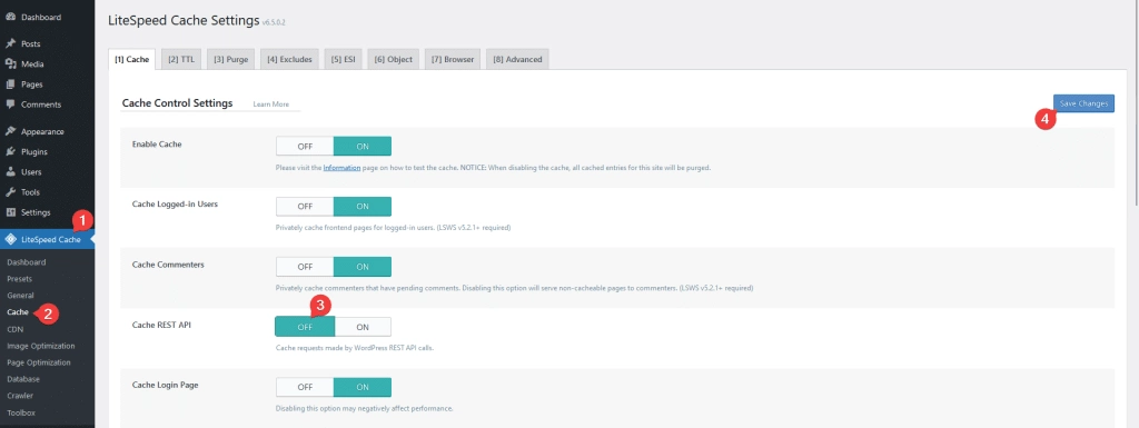 litespeed cache rest api off