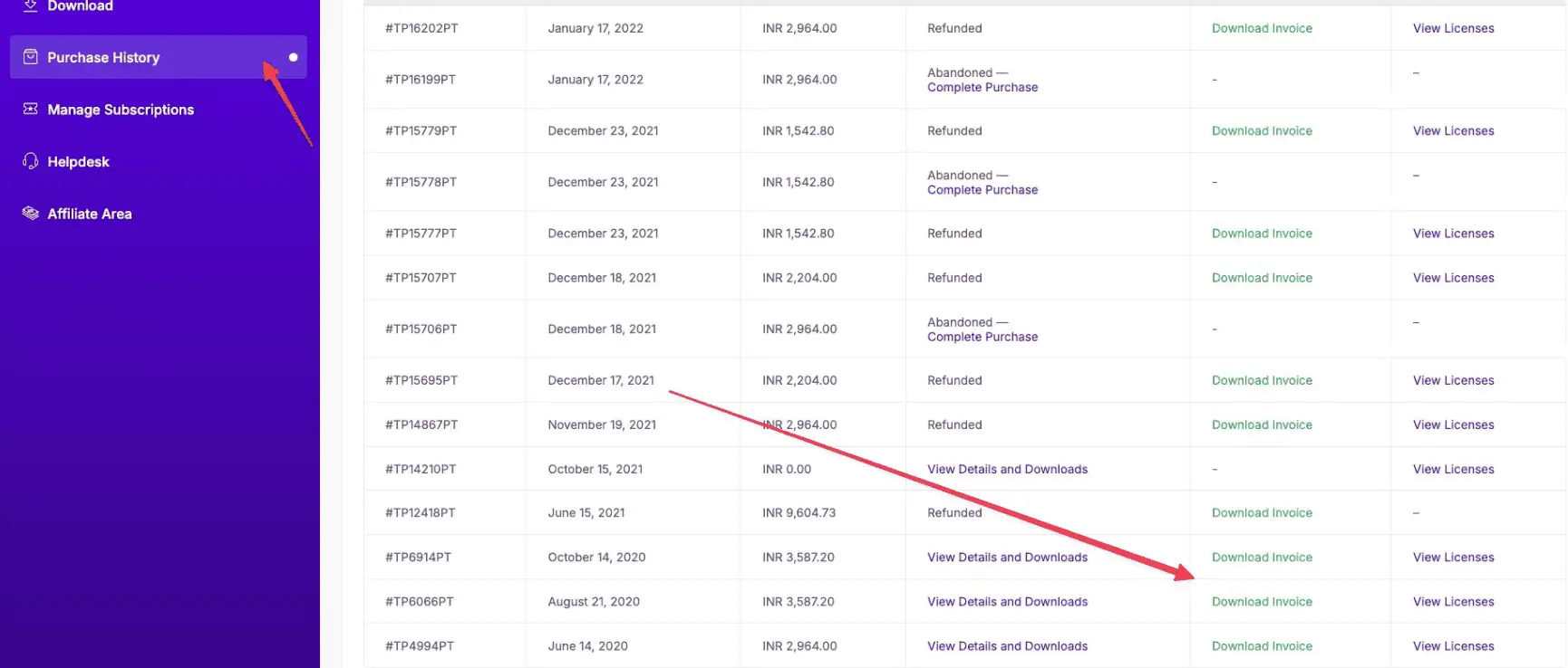uichemy purchase history generate invoice renewal charge