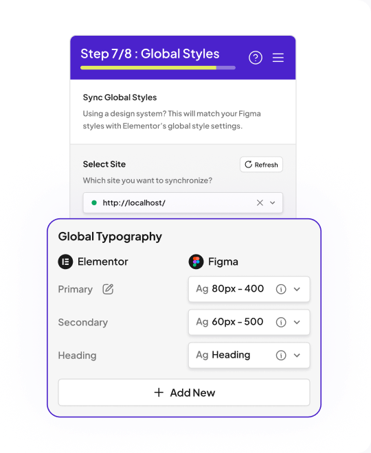 The Global Typography panel mapping Elementor primary, secondary and heading styles to Figma