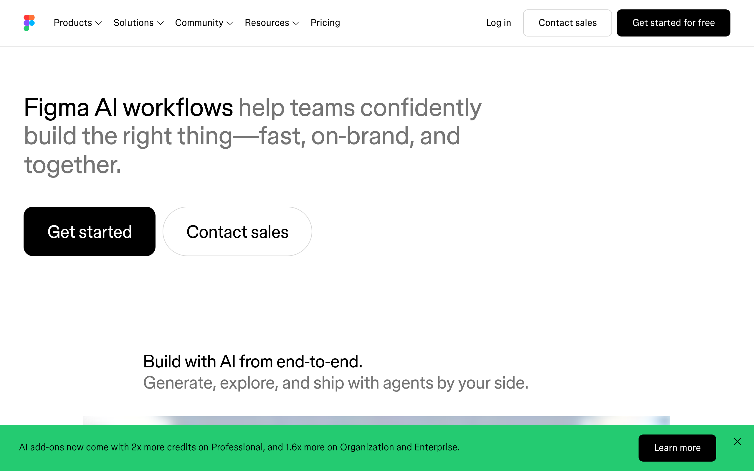 Figma AI workflows page showing the explore, polish and ship stages of the AI product line