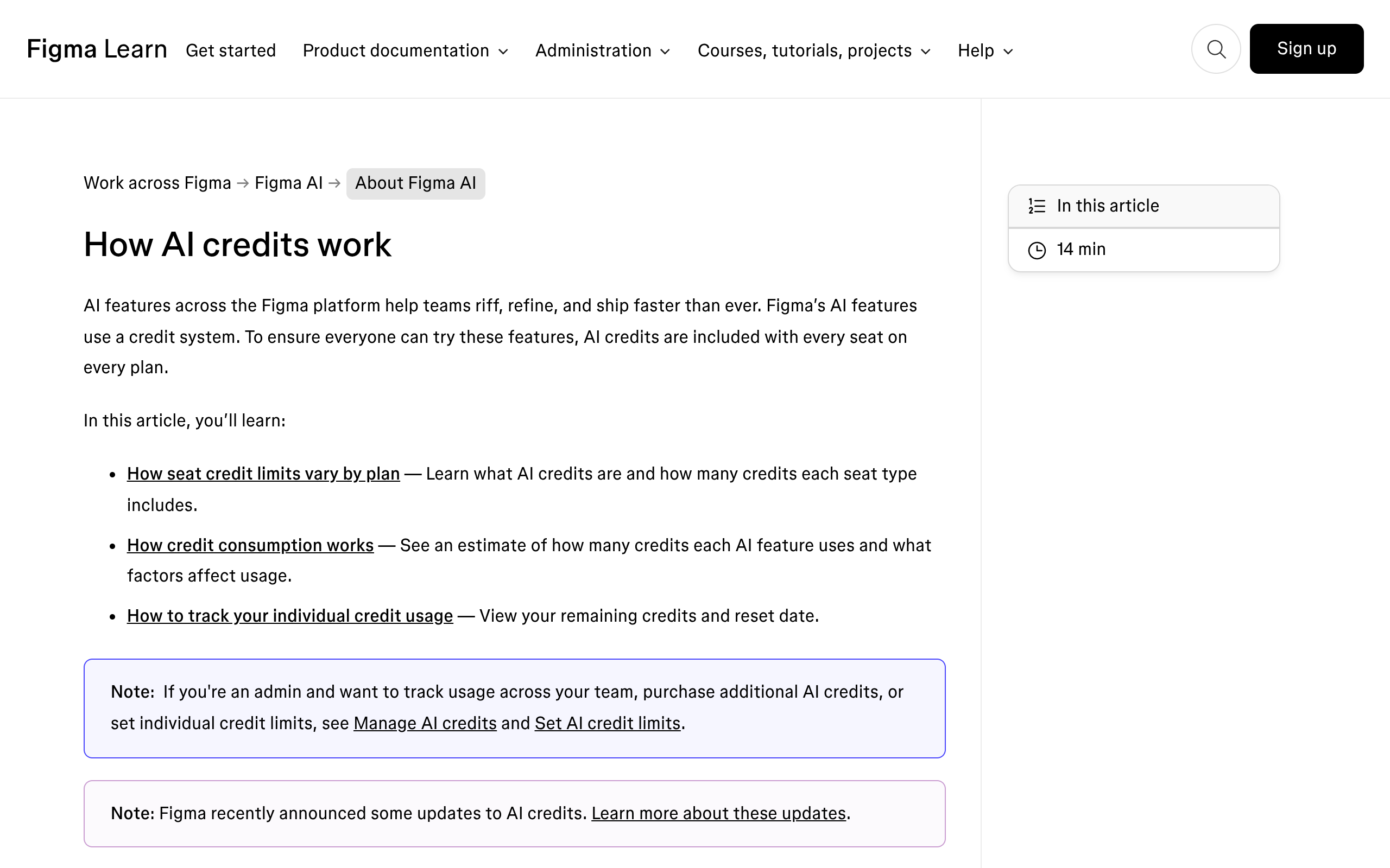Figma help centre page showing AI credits per seat for Starter, Professional, Organization and Enterprise plans