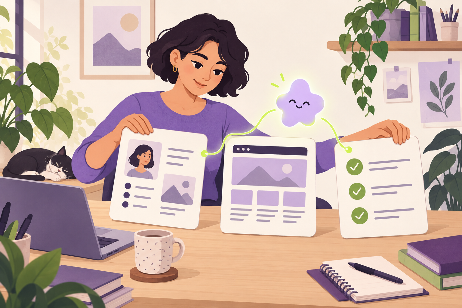 A freelancer organizes a client brief, website design and completion checklist.
