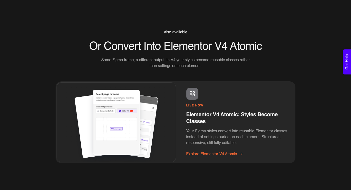 UiChemy Figma to Elementor page showing the Elementor v4 Atomic option, where Figma styles convert into reusable classes