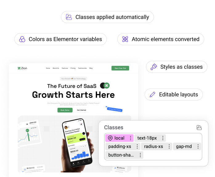 A converted page with the Elementor Classes panel showing text, padding, radius, gap and shadow classes already applied