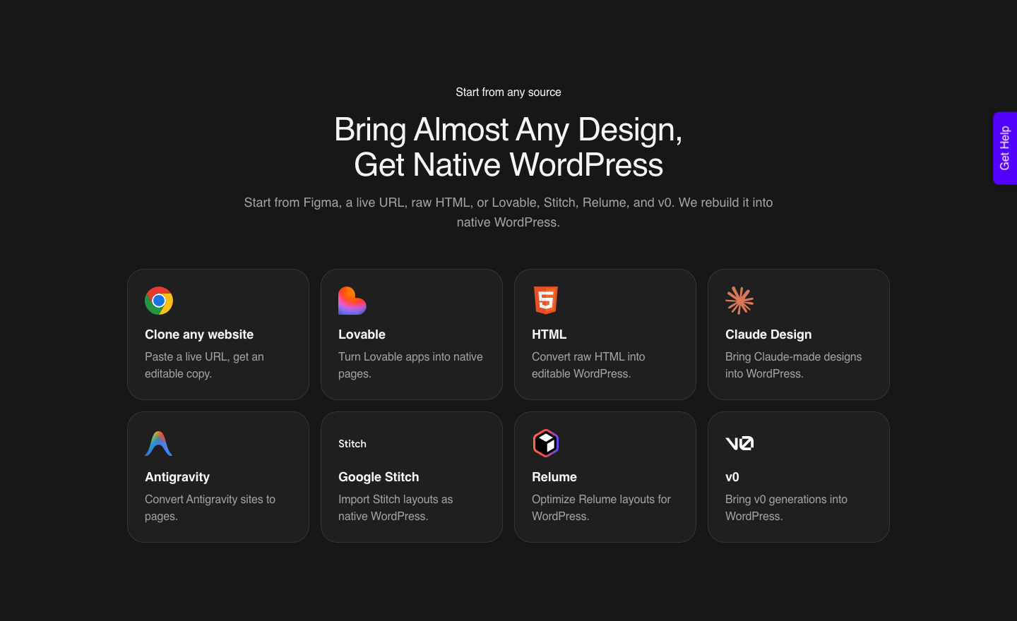 UiChemy AI Express Mode page listing the starting points a conversion accepts, from a Figma frame to a live URL, raw HTML and an existing AI build