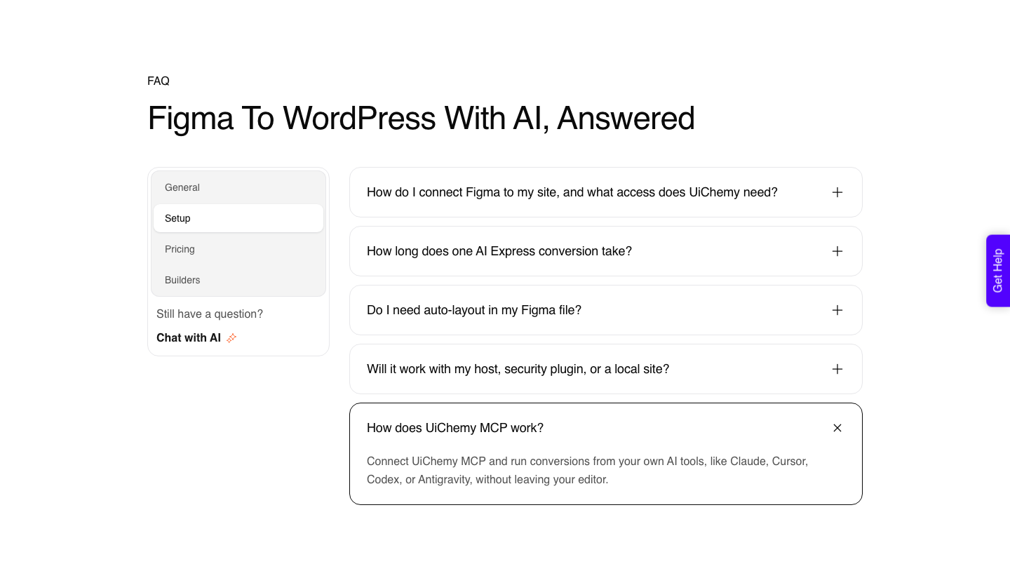 UiChemy AI Express Mode FAQ answering how UiChemy MCP works, naming Claude, Cursor, Codex and Antigravity as the AI tools it connects to