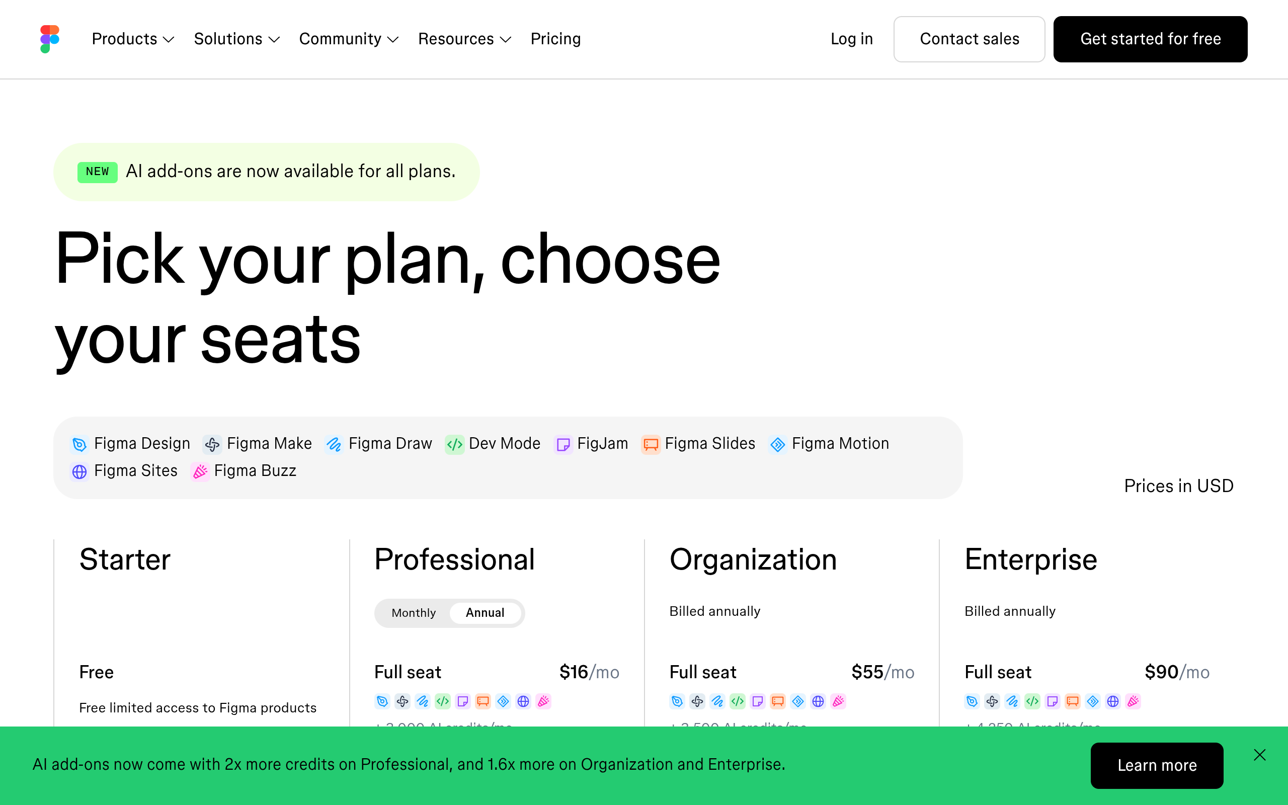 Figma pricing page showing Starter, Professional, Organization and Enterprise plans with seat prices