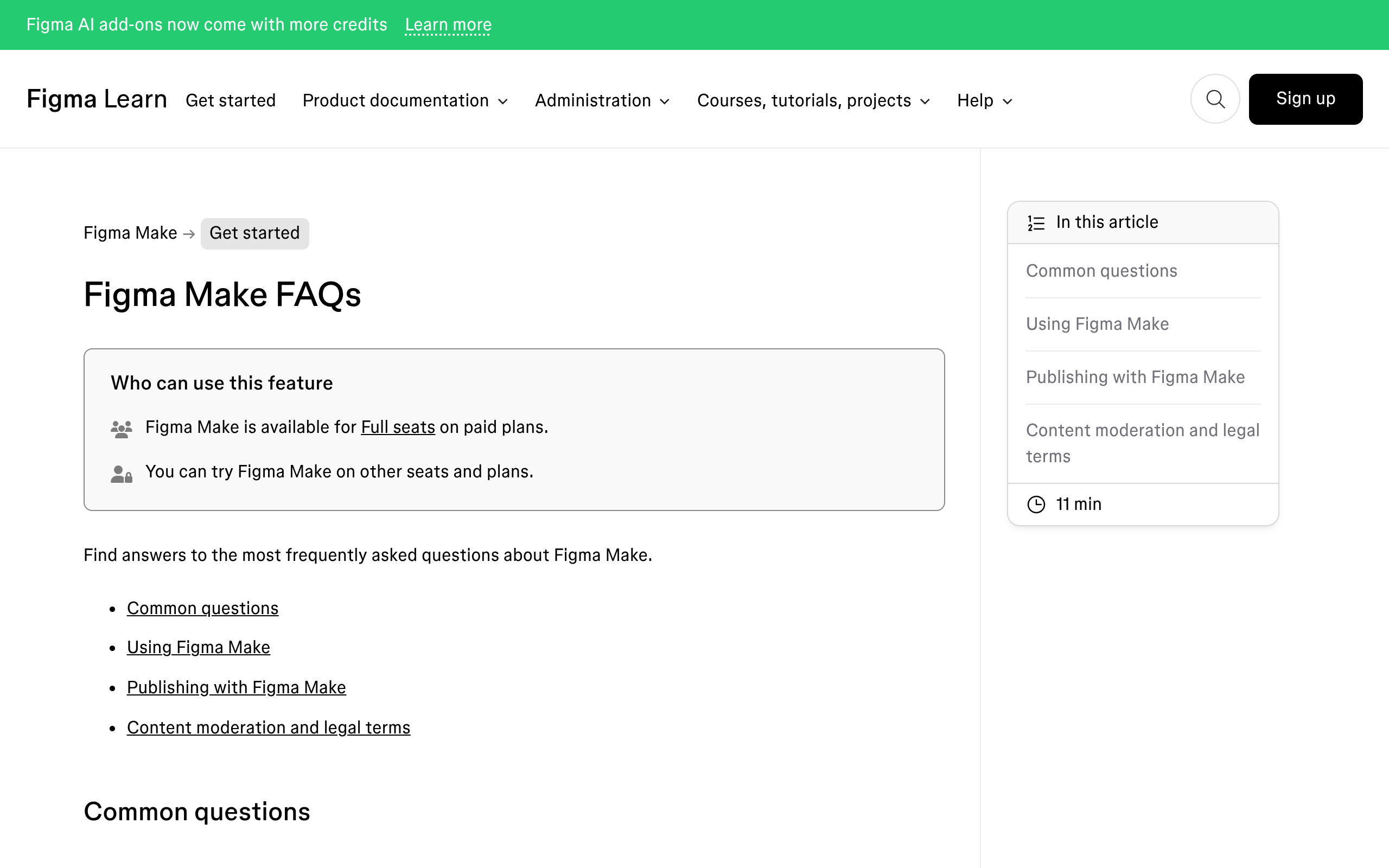 Figma help centre Figma Make FAQ page showing the seats and plans required to use the feature