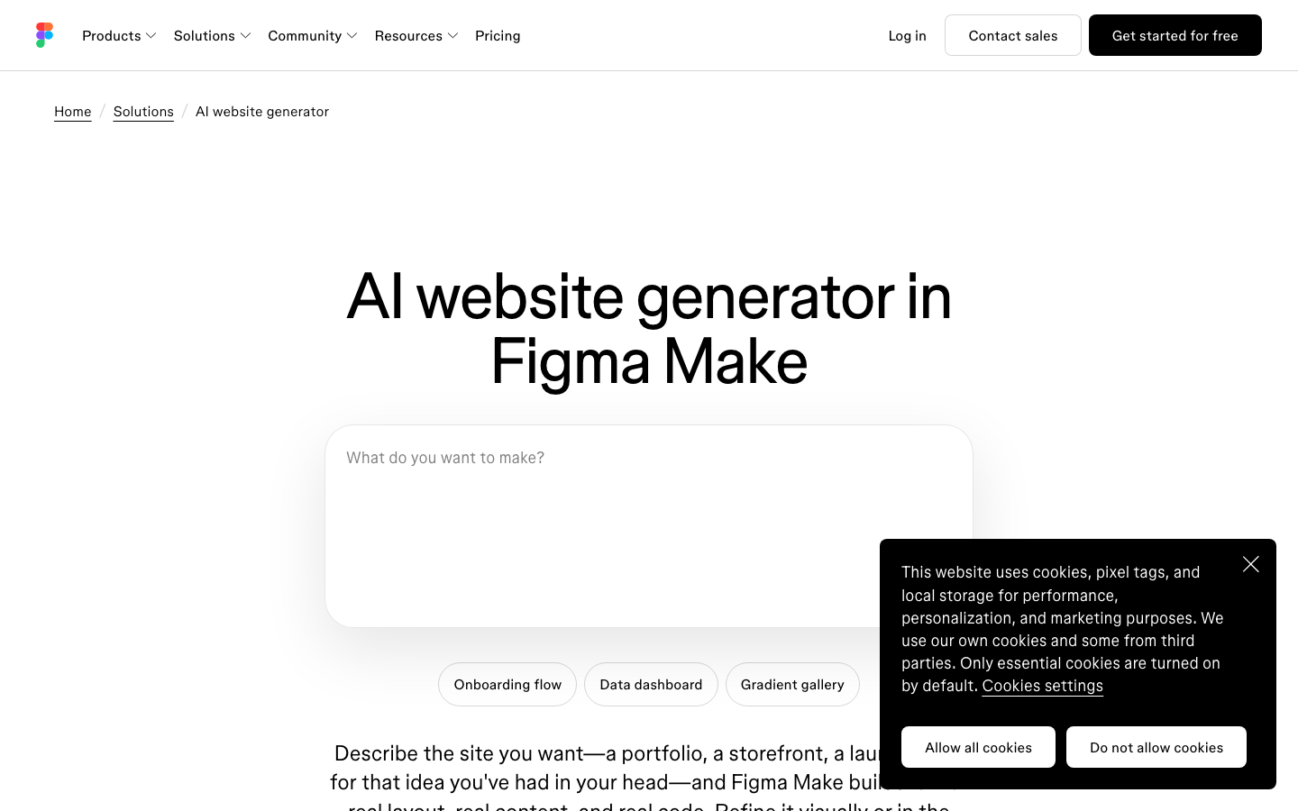 Figma AI website generator page describing prompt to responsive site in Figma Make