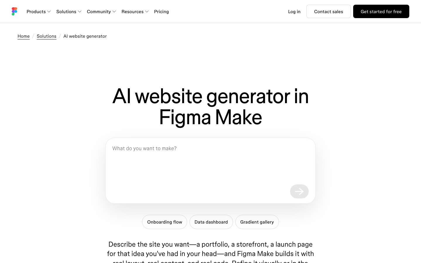 Figma AI website generator page in Figma Make showing the prompt to site workflow