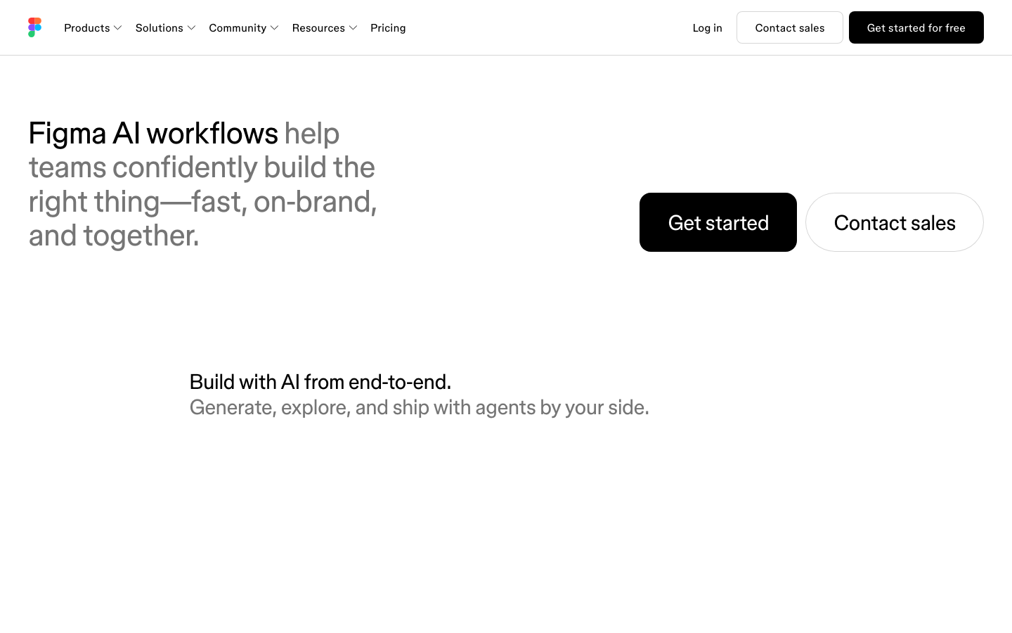 Figma AI workflows page showing the explore, polish and ship stages of the AI product line