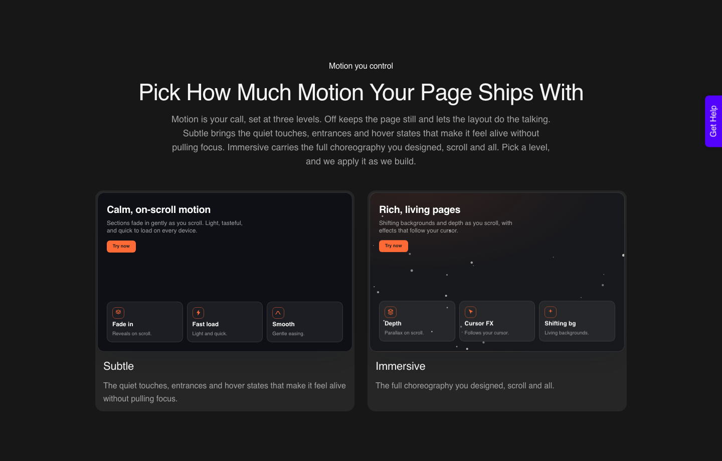 UiChemy AI Express Mode page showing the three motion levels a conversion can ship with: off, subtle and immersive