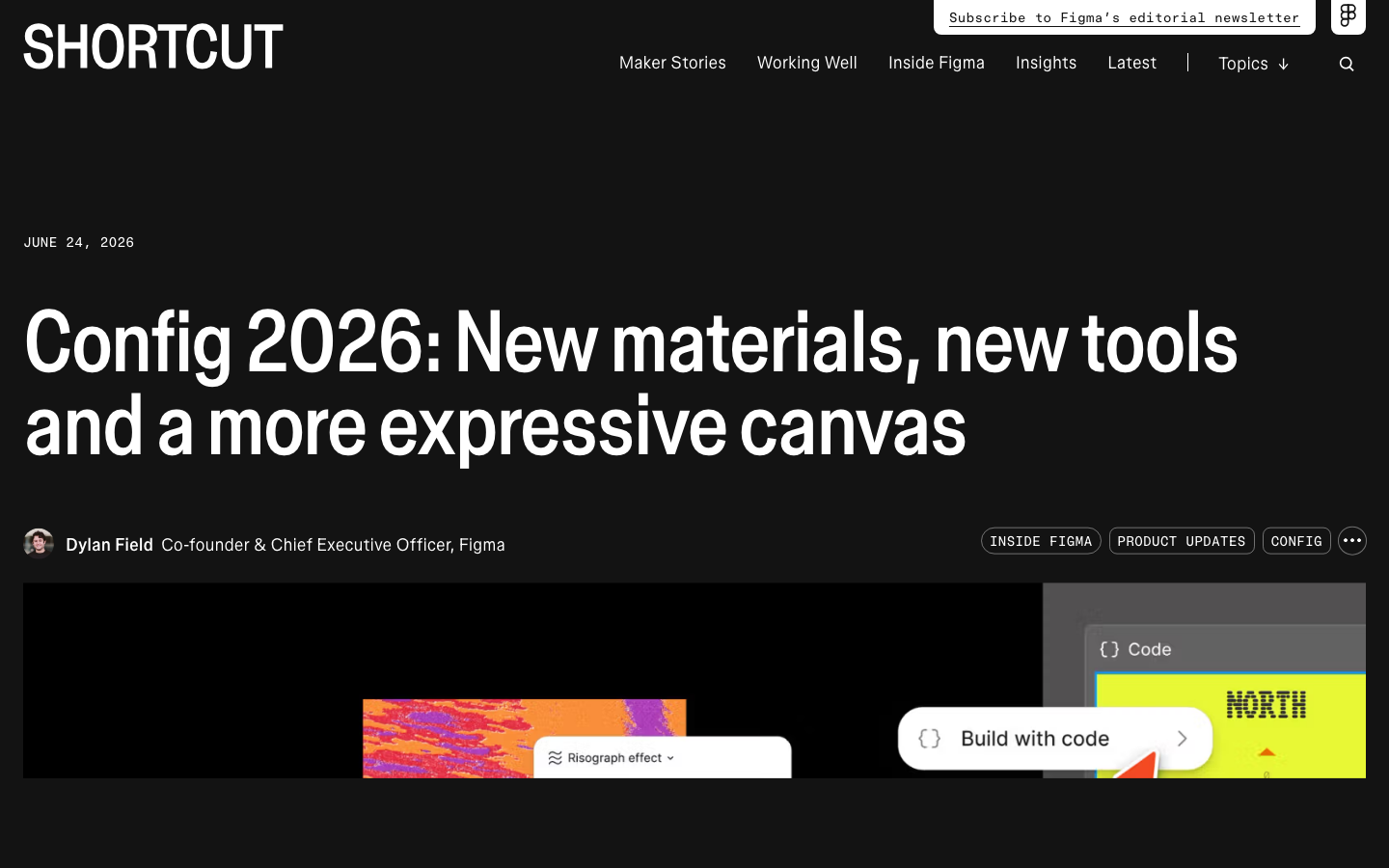 Figma Config 2026 recap blog post announcing code layers, Figma Motion, shaders and generative plugins