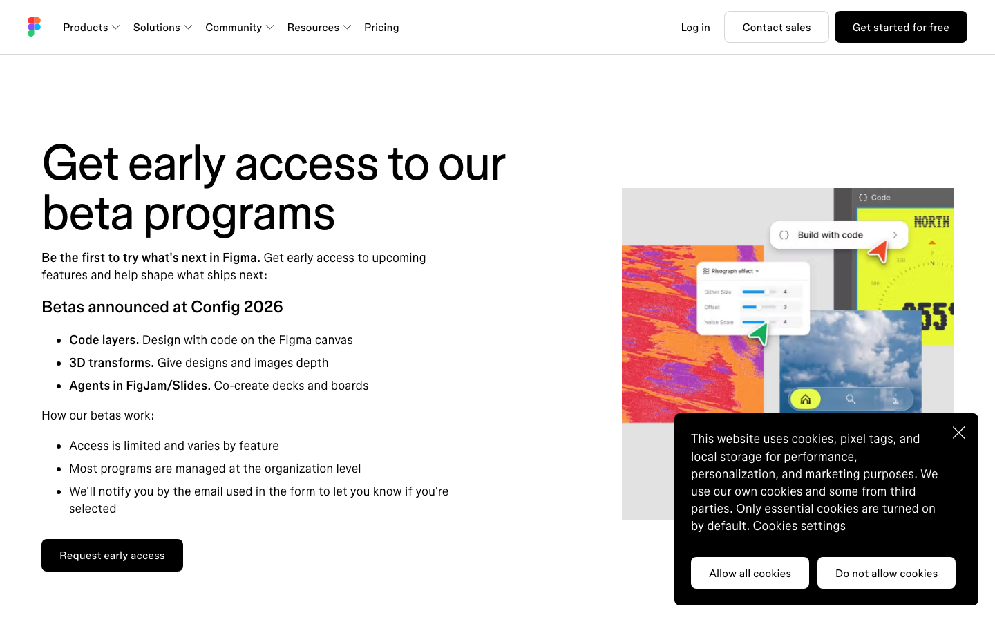 Figma Config betas waitlist page for code layers and other Config 2026 early access features