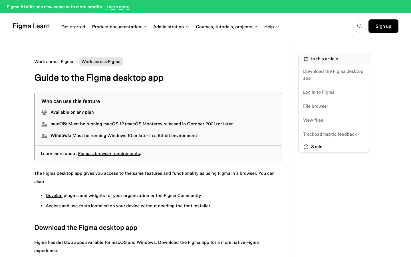 Figma help centre guide to the Figma desktop app covering tabs, split view and system requirements