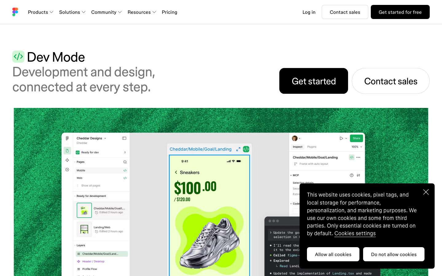Figma Dev Mode page showing IDE context, connected design and code components and the dedicated dev view