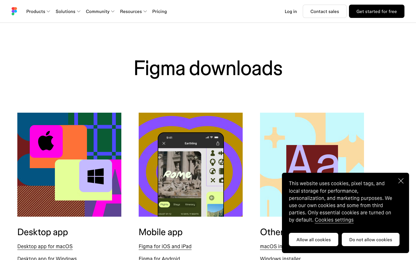 Figma downloads page showing the Figma desktop app for macOS, Windows and Windows Arm