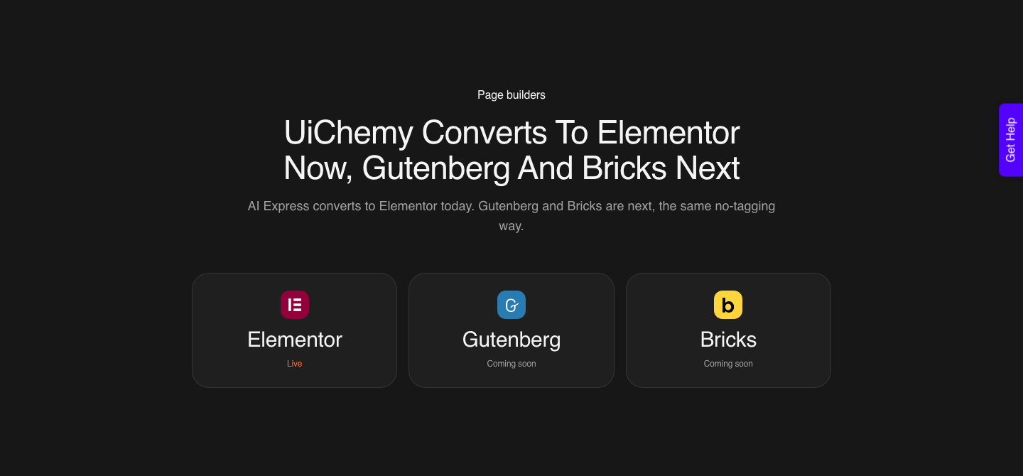UiChemy AI Express Mode page showing conversion to Elementor v3 and v4 Atomic live now, with Gutenberg and Bricks marked as coming next