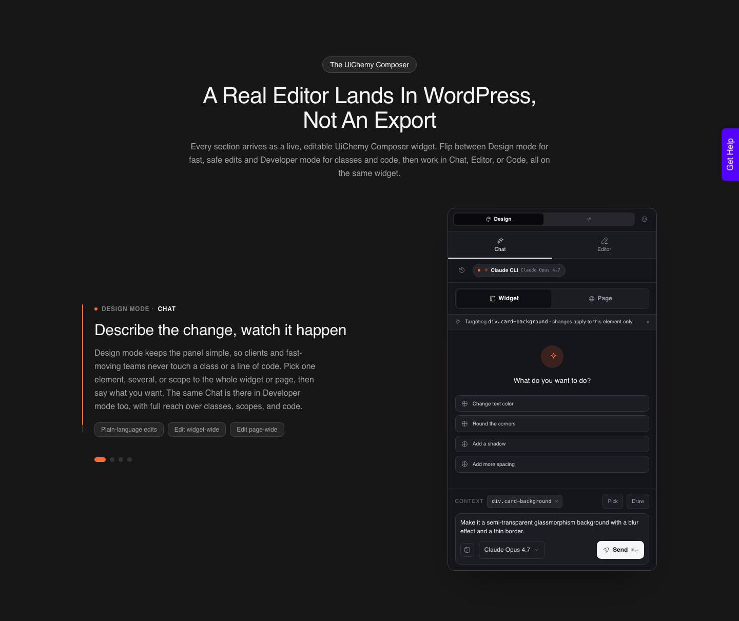 UiChemy AI Express Mode page showing the Composer editor landing inside WordPress so a converted page can be refined by prompt