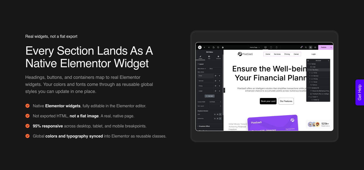 UiChemy Figma to Elementor page showing native editable Elementor widgets