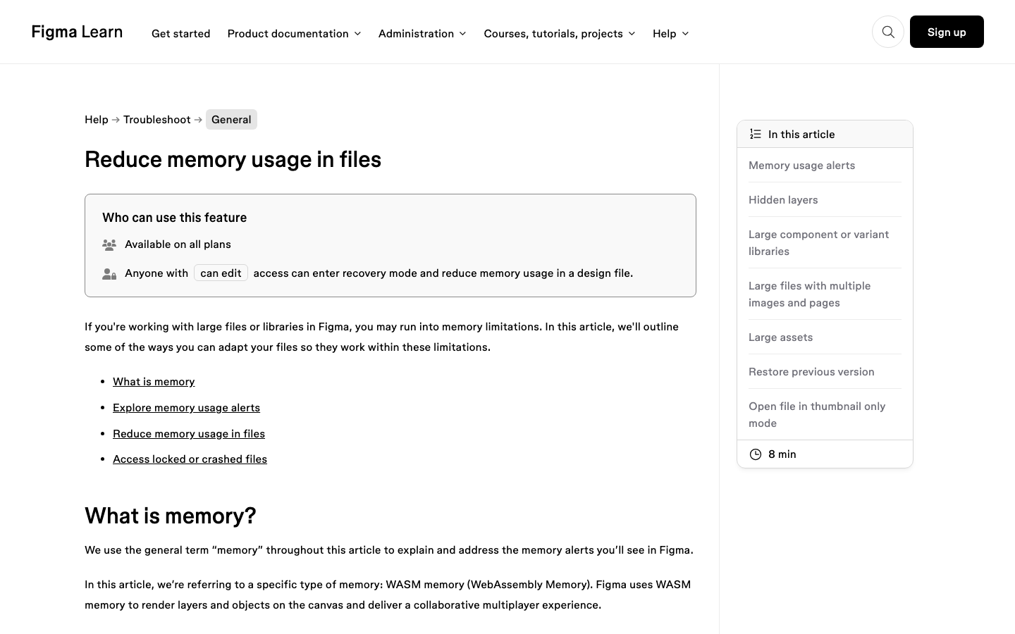Figma help article on reducing memory usage in files showing the memory usage alerts and recovery mode