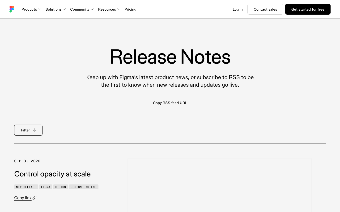 Figma release notes page listing web design updates including responsive spacing and text wrap