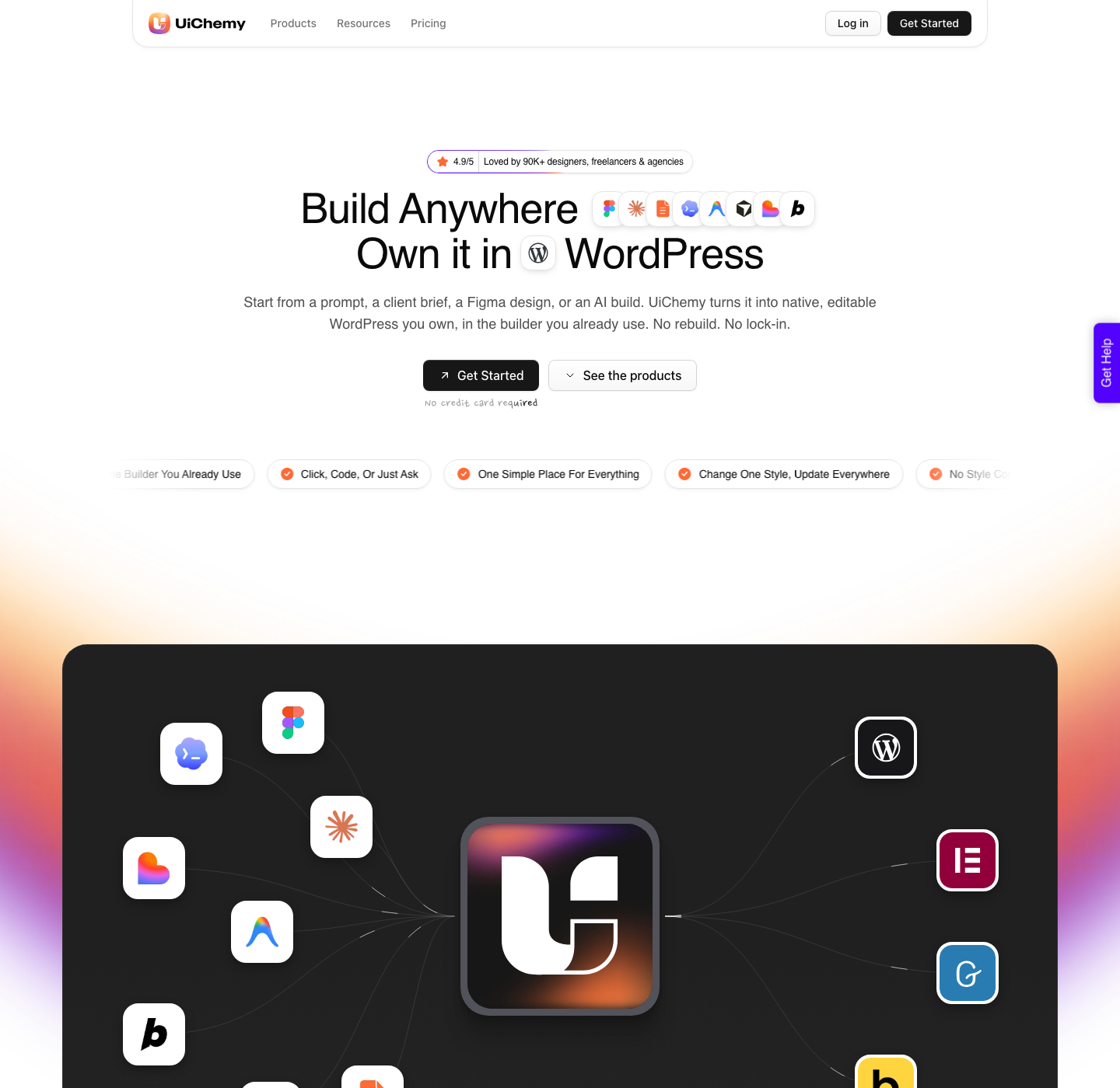 UiChemy homepage headline: build anywhere, own it in WordPress, starting from a prompt, a client brief, a Figma design or an AI build