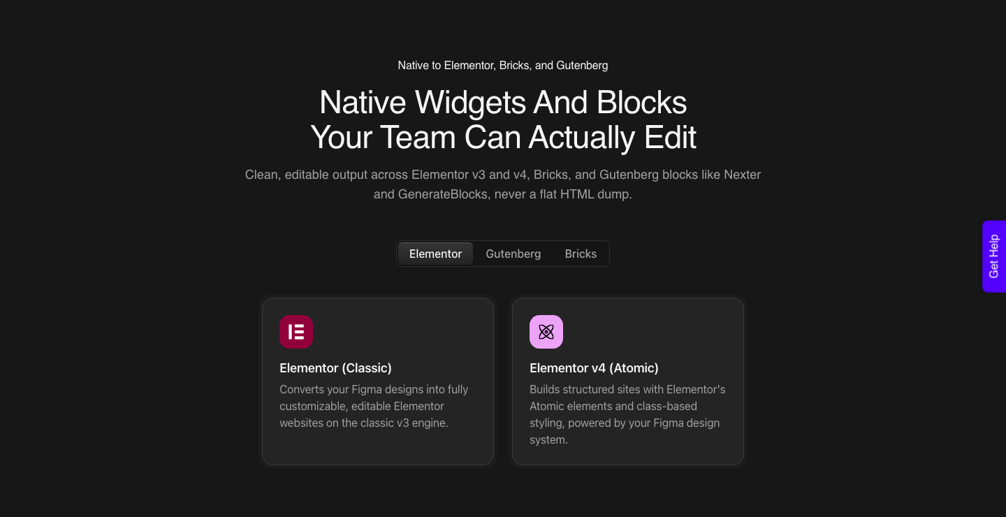 UiChemy Classic Mode page listing the native builder targets it converts into: Elementor classic and v4 Atomic, Nexter Blocks, GenerateBlocks, Spectra, Kadence, Gutenberg core and Bricks