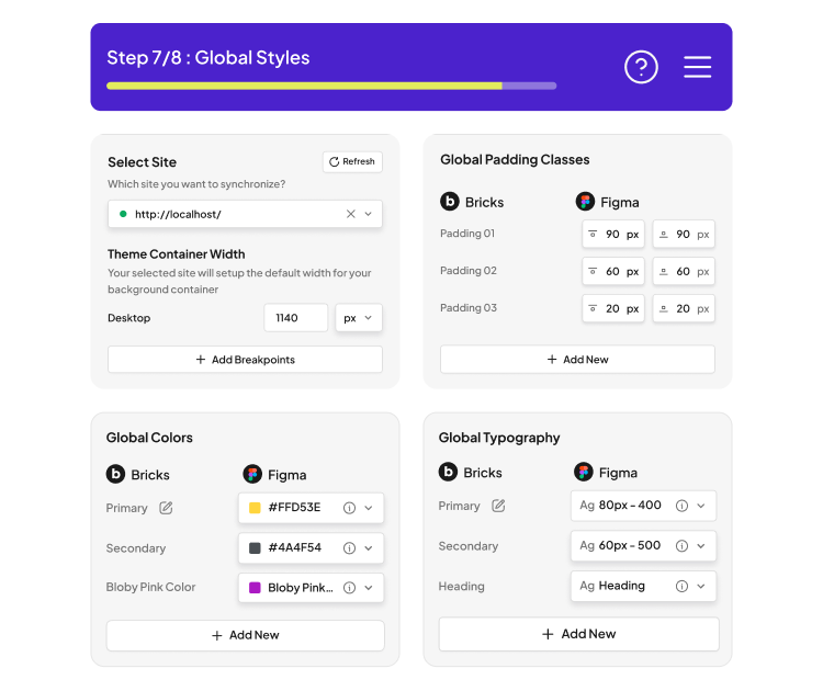 UiChemy Step 7 of 8 Global Styles screen mapping Figma colours, typography and padding classes onto Bricks globals