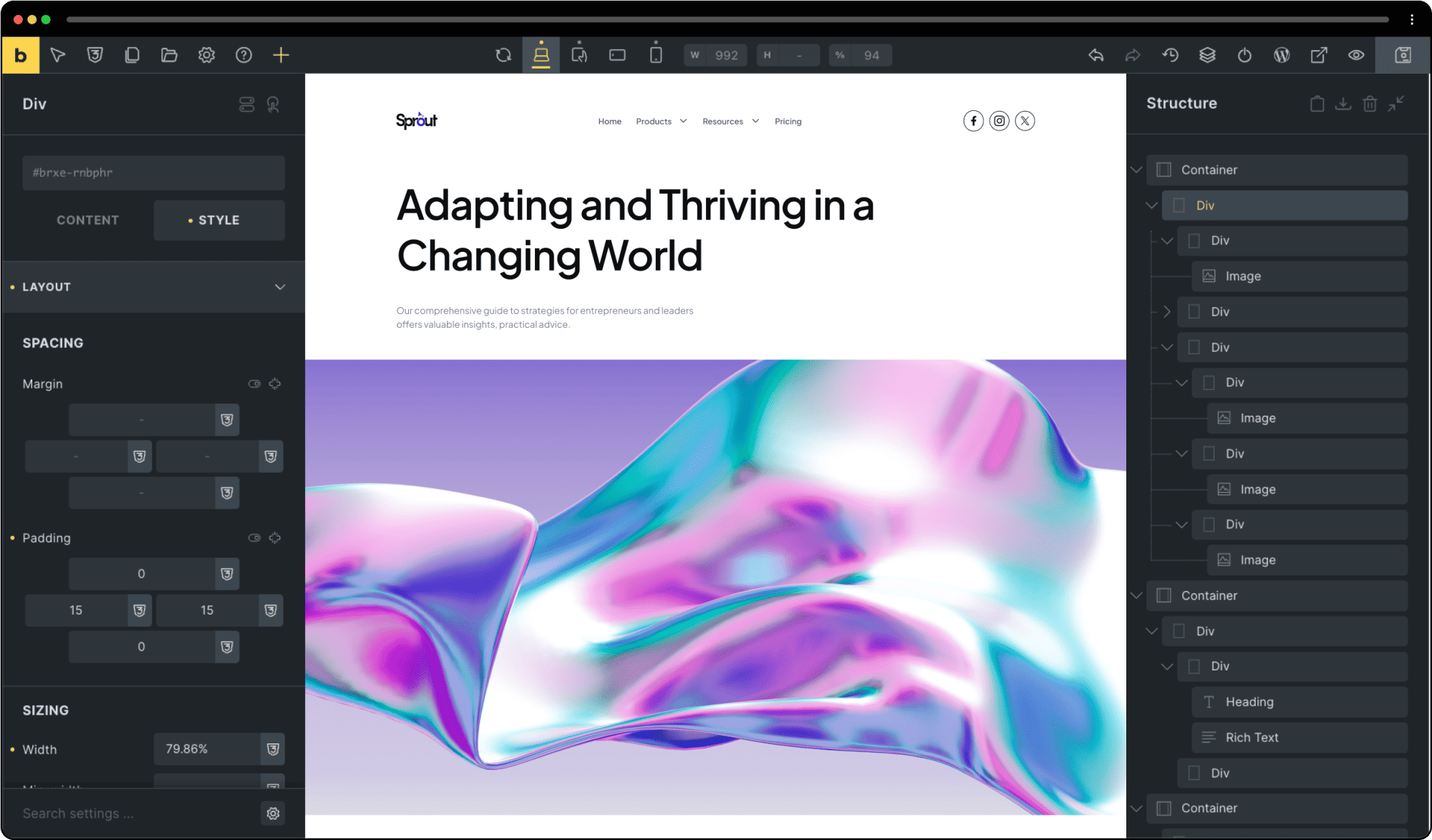A converted Figma design open in the Bricks builder with the Structure panel showing nested Container, Div, Image, Heading and Rich Text elements