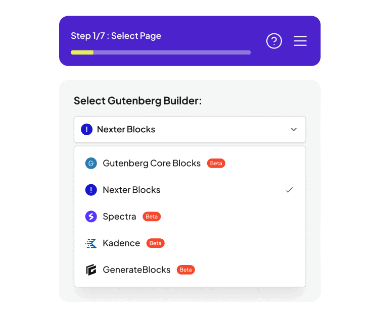 UiChemy Figma plugin Select Gutenberg Builder dropdown listing Gutenberg Core Blocks, Nexter Blocks, Spectra, Kadence and GenerateBlocks
