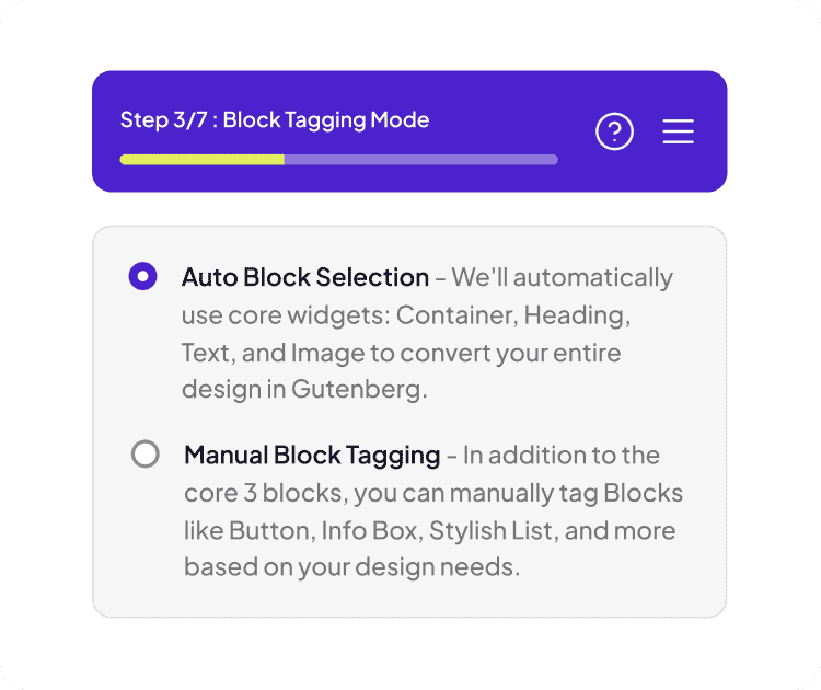 UiChemy Step 3 of 7 Block Tagging Mode showing Auto Block Selection and Manual Block Tagging options