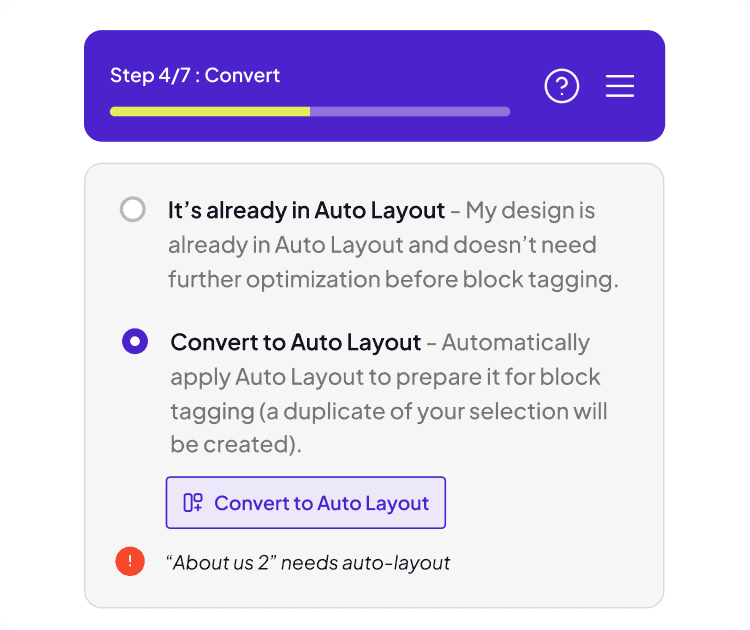 UiChemy Step 4 of 7 Convert screen offering to apply auto layout to a Figma frame before block tagging