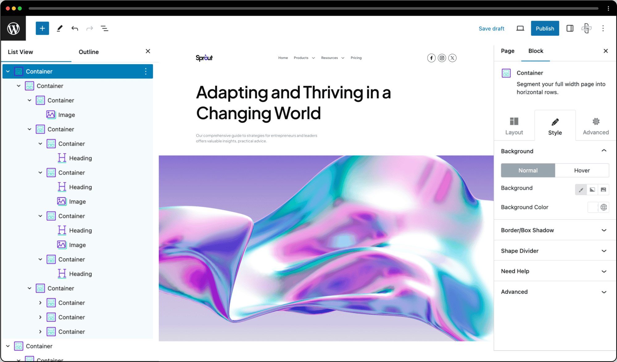 A converted Figma design open in the WordPress block editor with List View showing nested Container, Heading and Image blocks