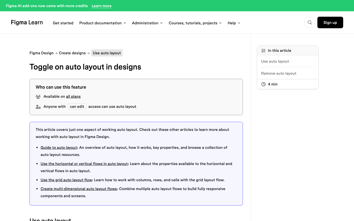Figma help centre article on toggling auto layout in designs, available on all plans with edit access