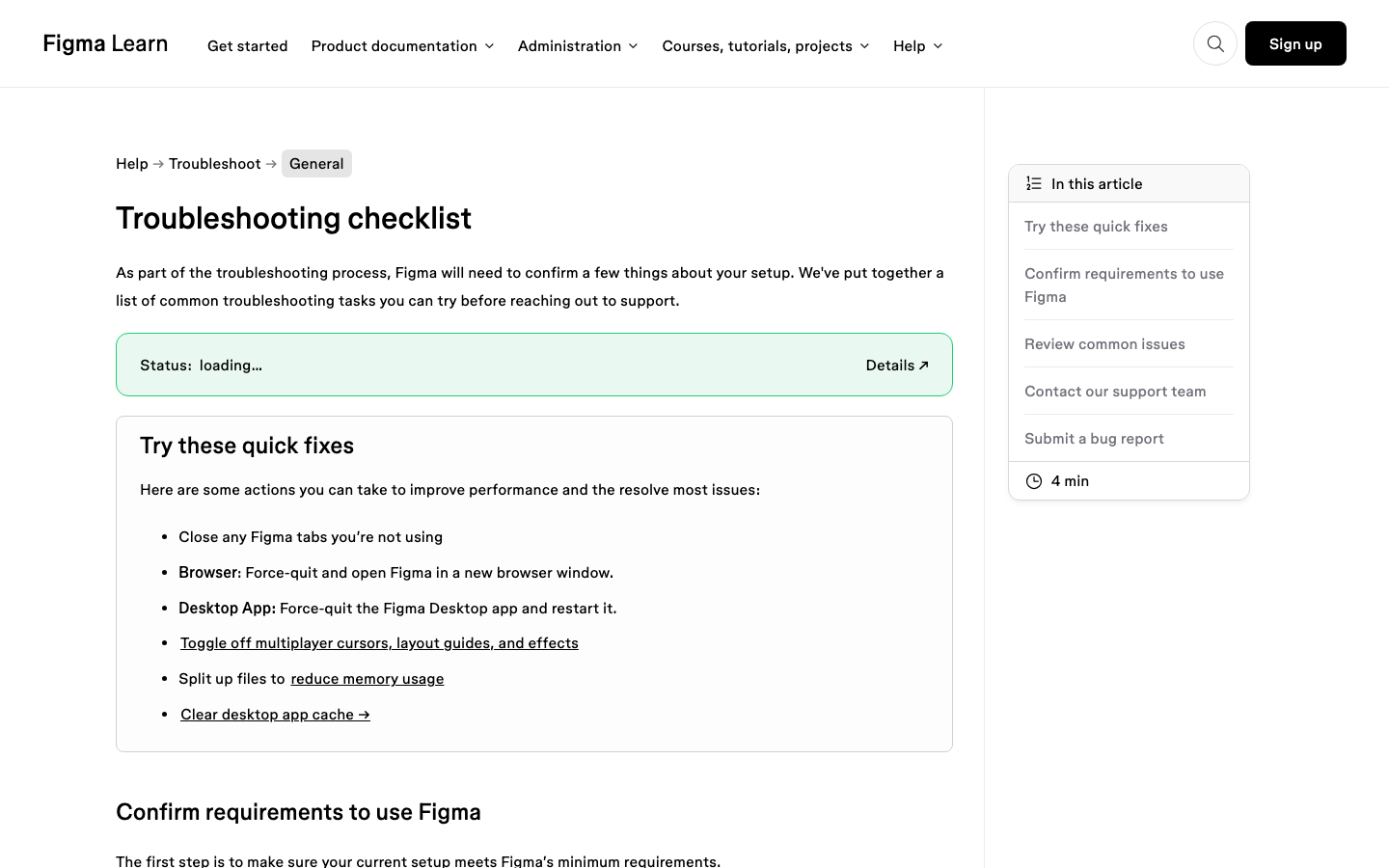 Figma troubleshooting checklist page listing quick fixes for slow files in browser and desktop app