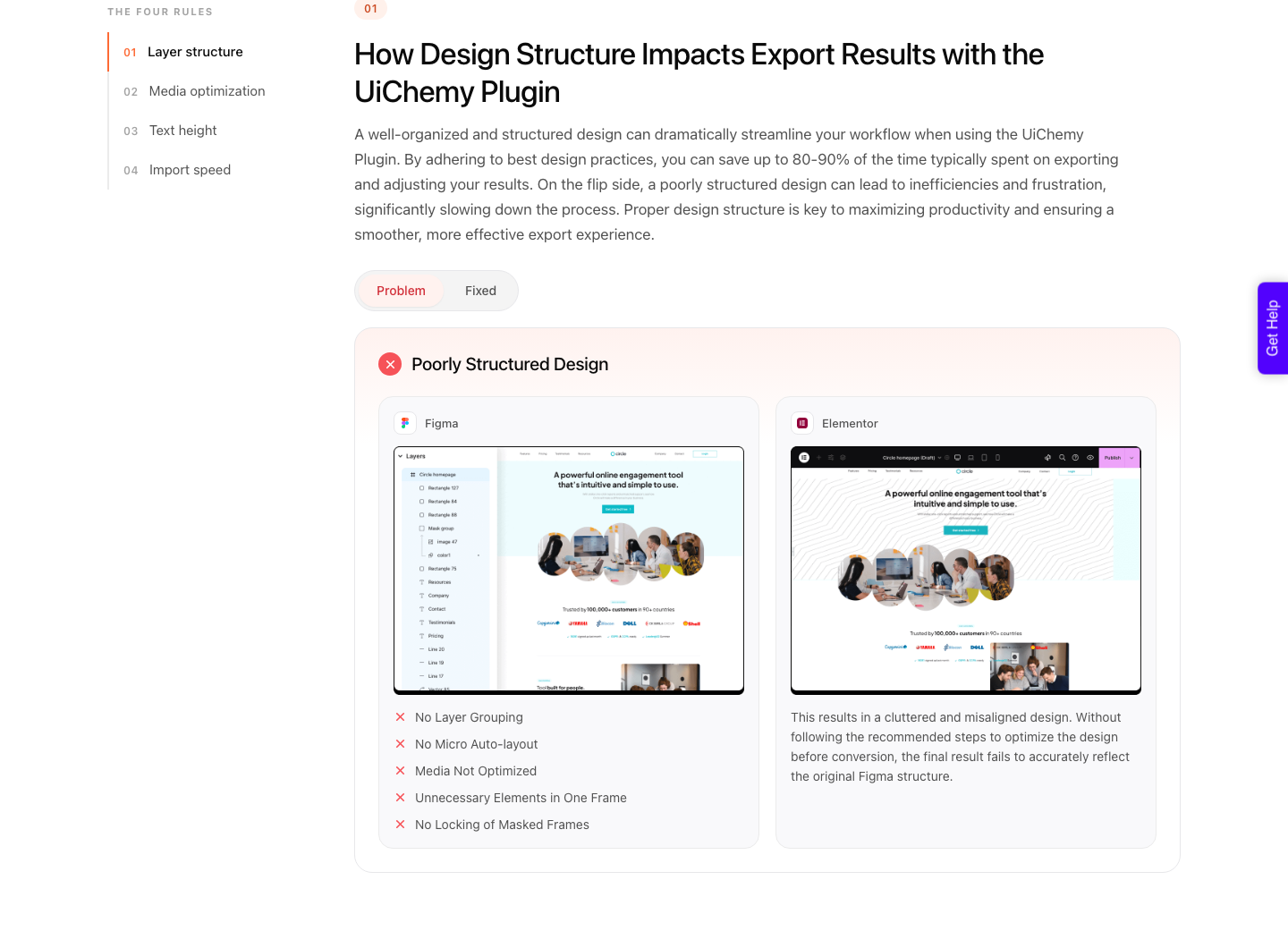 UiChemy design optimisation guide comparing a poorly structured Figma file with a well structured one, showing layer grouping and micro auto layout
