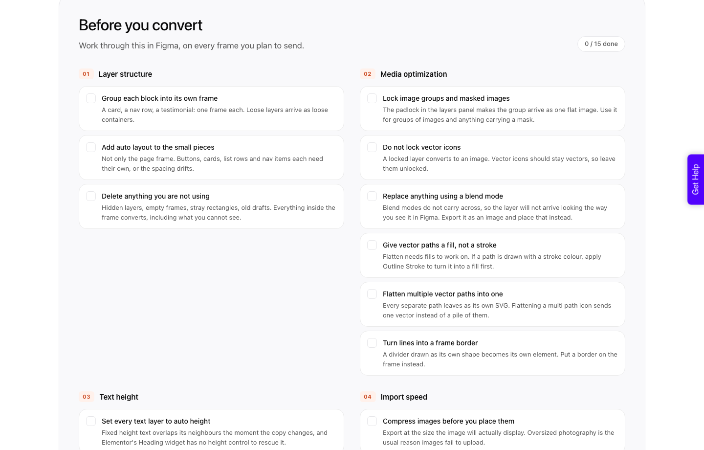 UiChemy design optimisation guide showing its four rules before conversion: layer structure, media optimization, text height and import speed