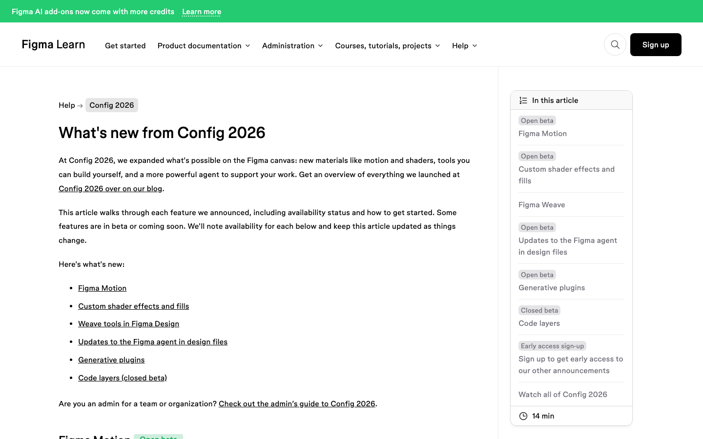Figma help centre article listing what is new from Config 2026 with availability for each feature