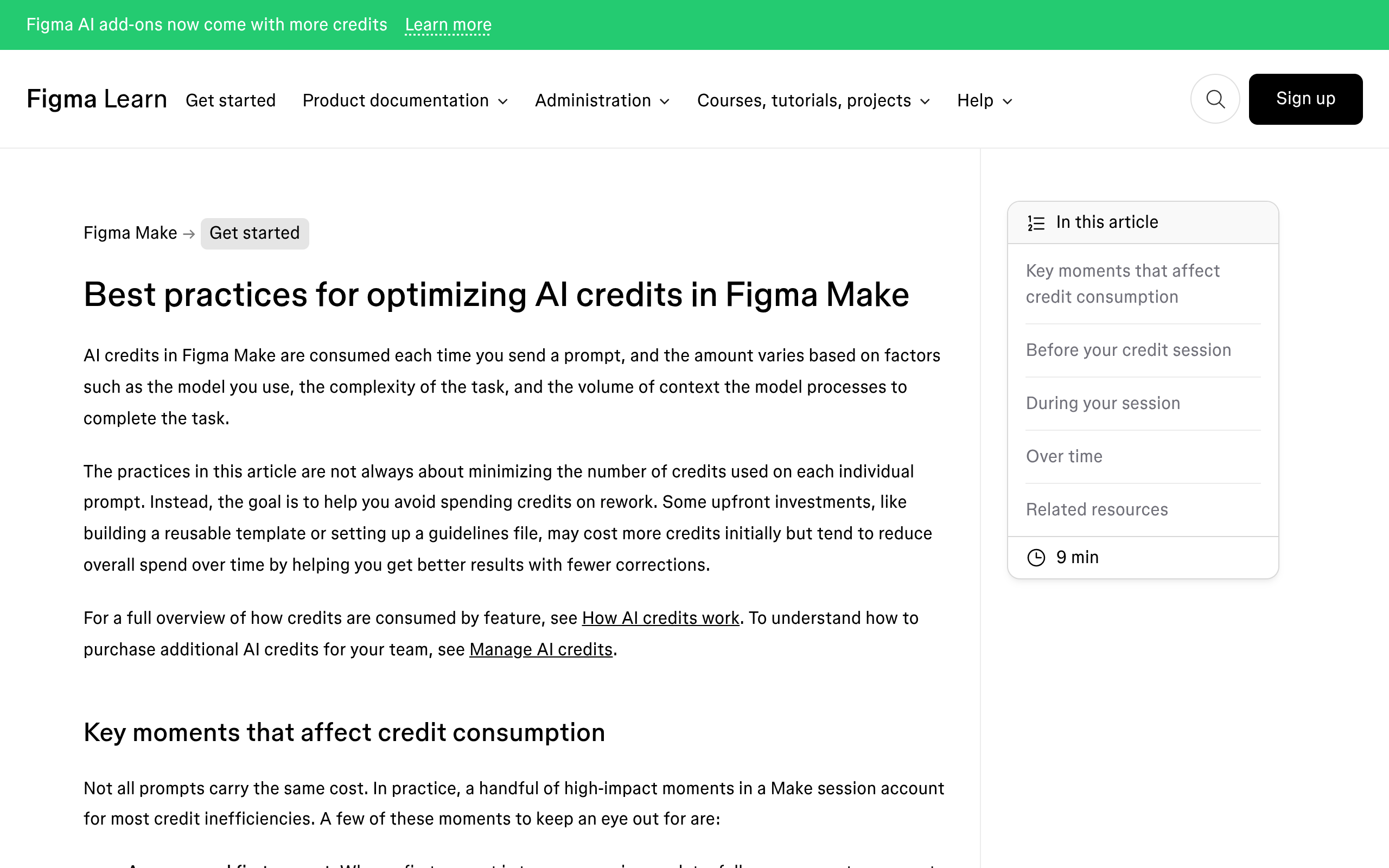 Figma help centre article on best practices for optimizing AI credits, showing the key moments that affect credit consumption