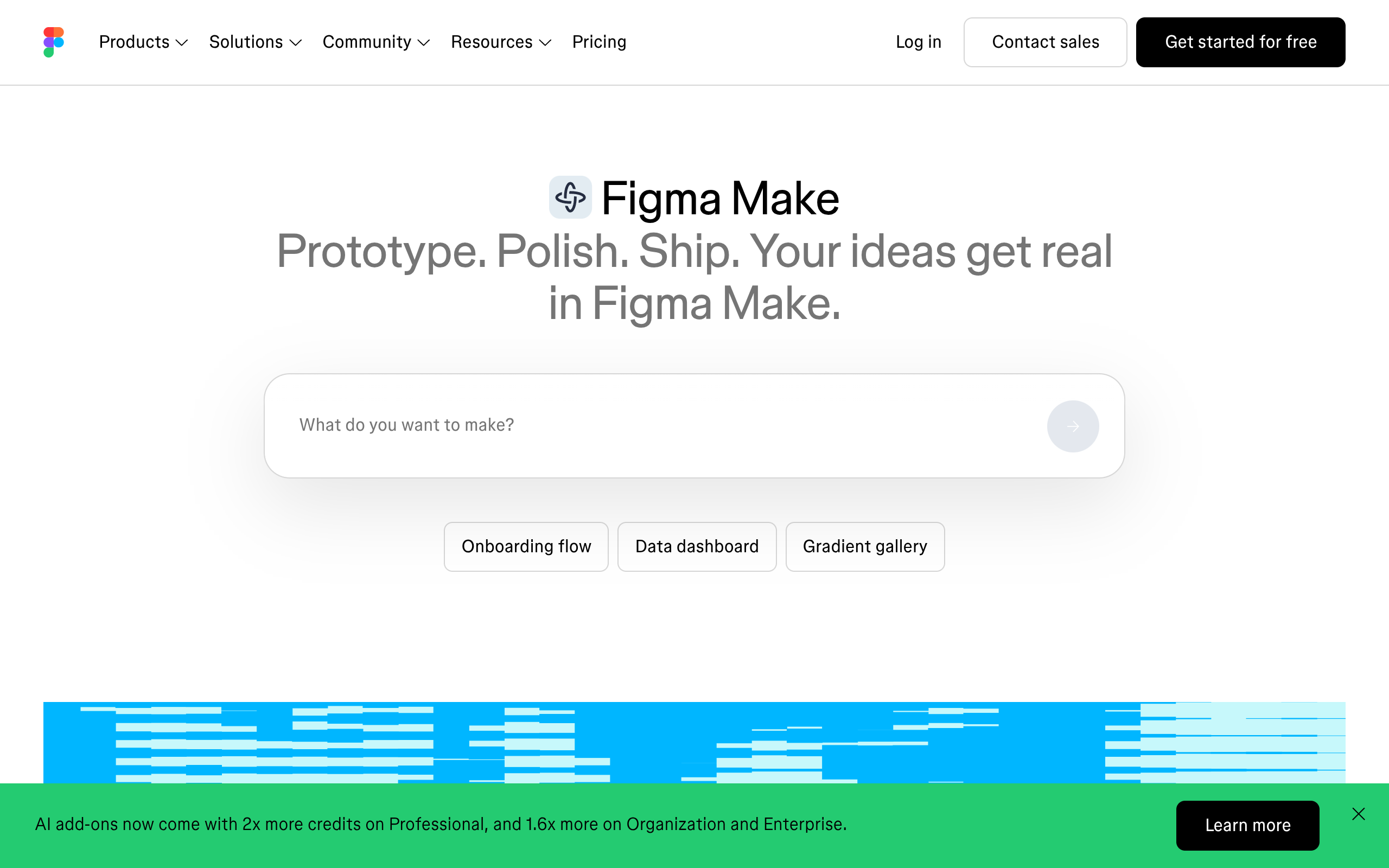 Figma Make product page showing the prompt box and a banner about increased credits on AI add-ons