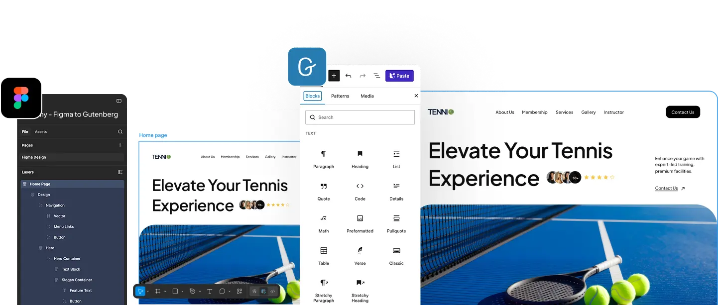 A Figma layout open beside the Gutenberg block inserter and the converted page live in the WordPress block editor