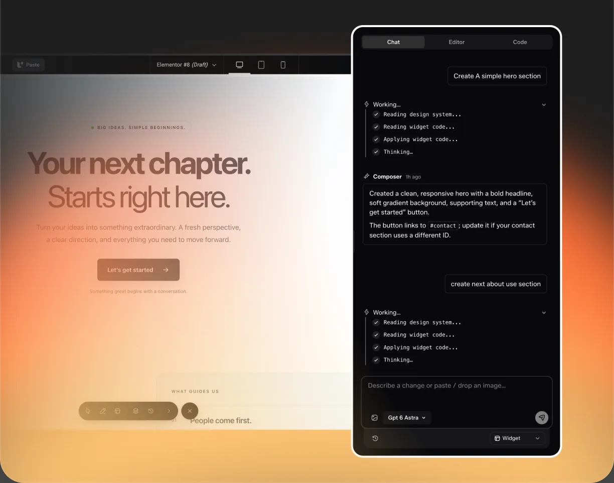 UiChemy Composer's chat panel open beside a page, working through a request to create a hero section