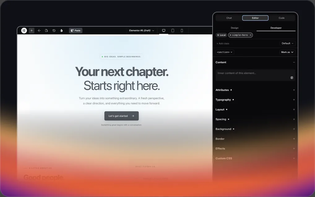 UiChemy Composer's Design Mode panel, showing a section's content and style fields beside the live page