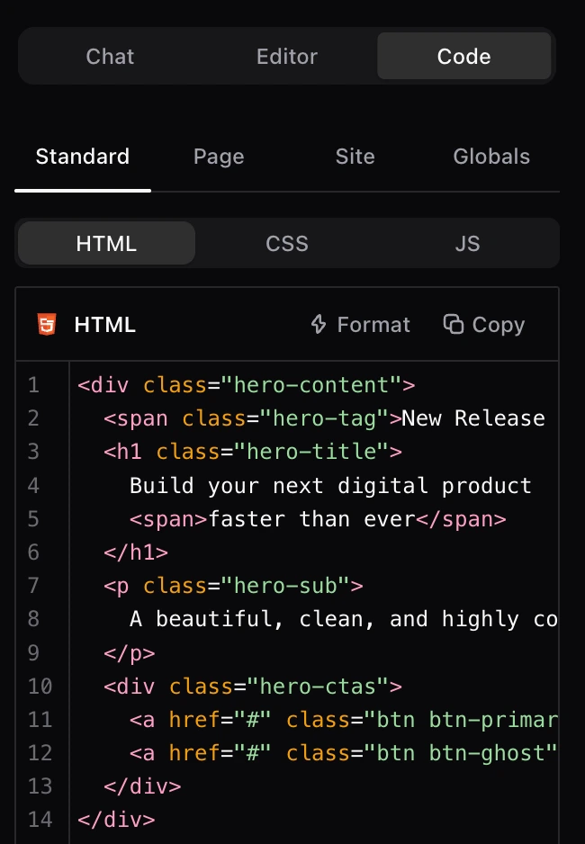 The UiChemy Composer code panel showing HTML, CSS and JS tabs with an HTML editor