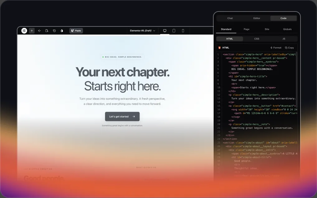 UiChemy Composer's Code panel, showing the section's real HTML beside the live page