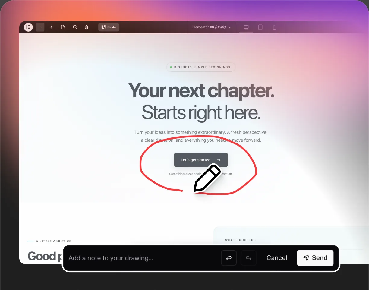 A hero section circled by hand on the live page, with a note bar open underneath to describe the change
