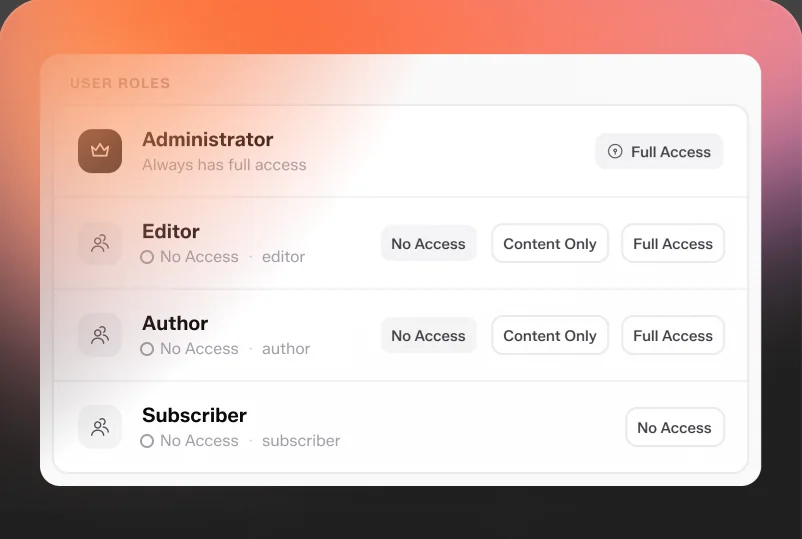 The plugin's User Roles screen, with Administrator locked to full access and the other roles set to no access