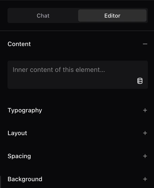 The UiChemy Composer editor panel with content, typography, layout and spacing controls